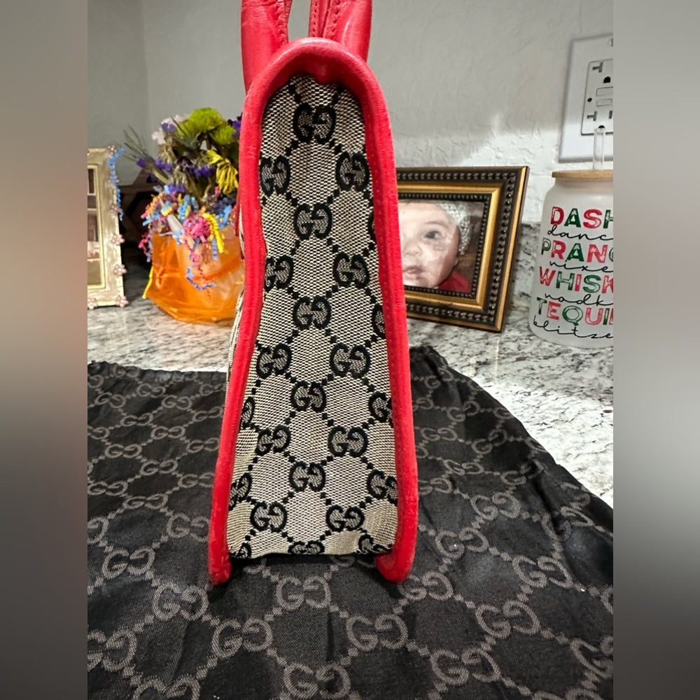 6 HOUR SALE -GUCCI MONOGRAM CANVAS MINI BAG W Red LEATHER DUAL HANDLES - Picture 6 of 15